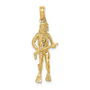 14K Yellow Gold Polish Finish 3-Dimensional Scuba Diver Charm Pendant