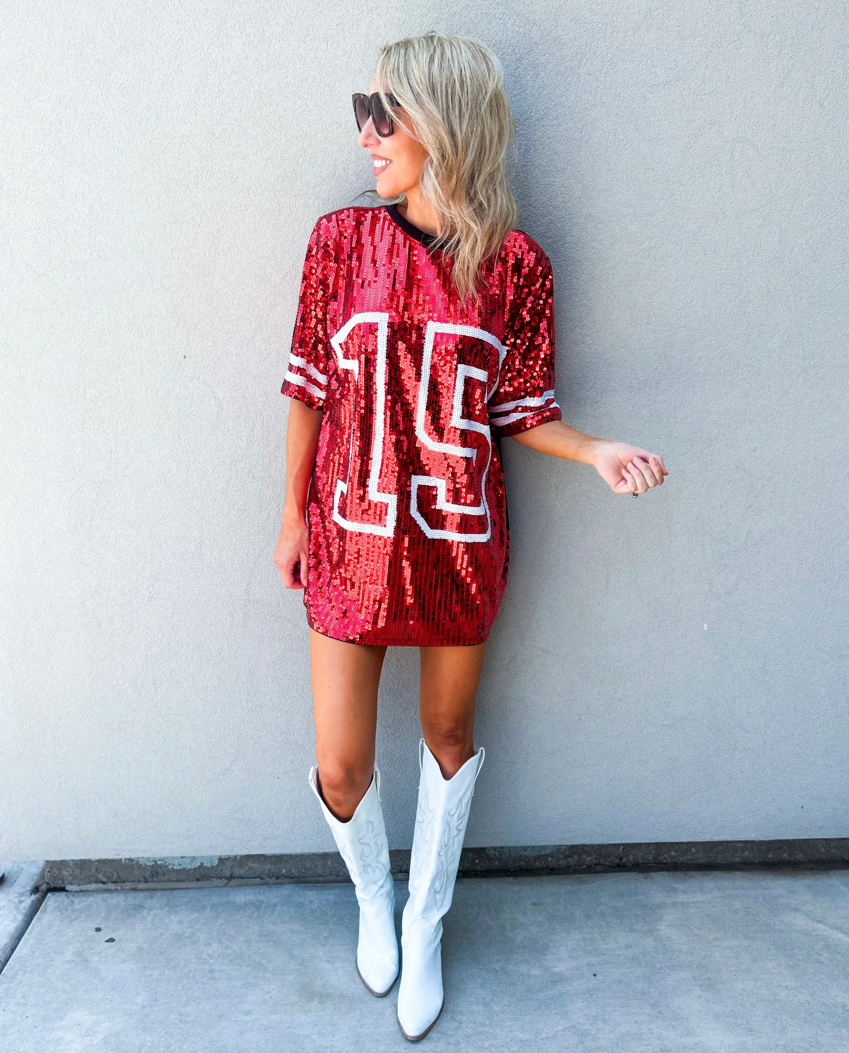 #15 Red Sequin Jersey TShirt Dress