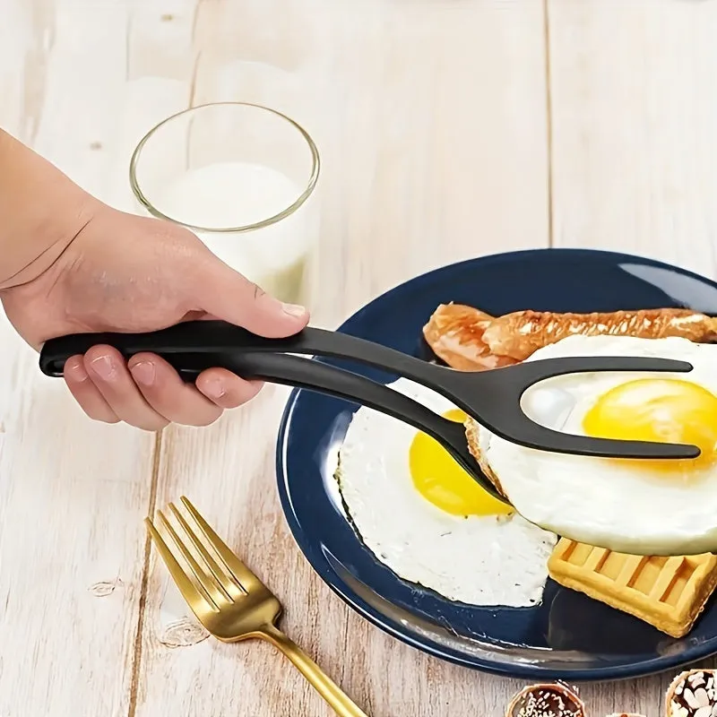 2-in-1 Multifunctional Kitchen Tool - Egg & Steak Spatula with Barbecue Tongs, Durable Plastic, Ideal for Flipping Foods & Baking