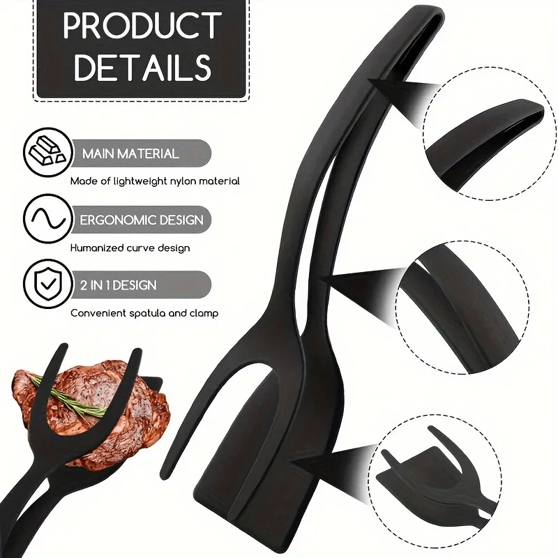 2-in-1 Multifunctional Kitchen Tool - Egg & Steak Spatula with Barbecue Tongs, Durable Plastic, Ideal for Flipping Foods & Baking