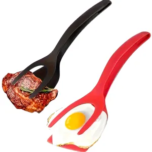 2-in-1 Multifunctional Kitchen Tool - Egg & Steak Spatula with Barbecue Tongs, Durable Plastic, Ideal for Flipping Foods & Baking