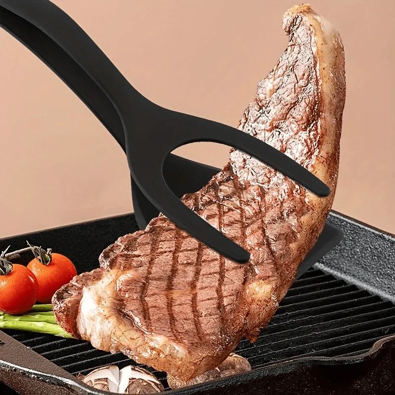 2-in-1 Multifunctional Kitchen Tool - Egg & Steak Spatula with Barbecue Tongs, Durable Plastic, Ideal for Flipping Foods & Baking