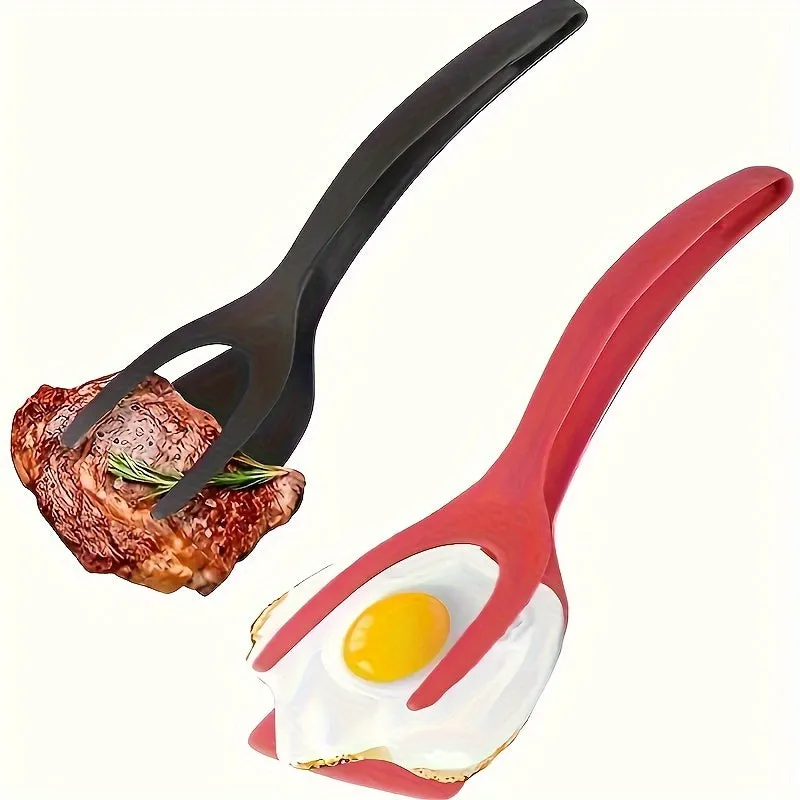 2-in-1 Multifunctional Kitchen Tool - Egg & Steak Spatula with Barbecue Tongs, Durable Plastic, Ideal for Flipping Foods & Baking