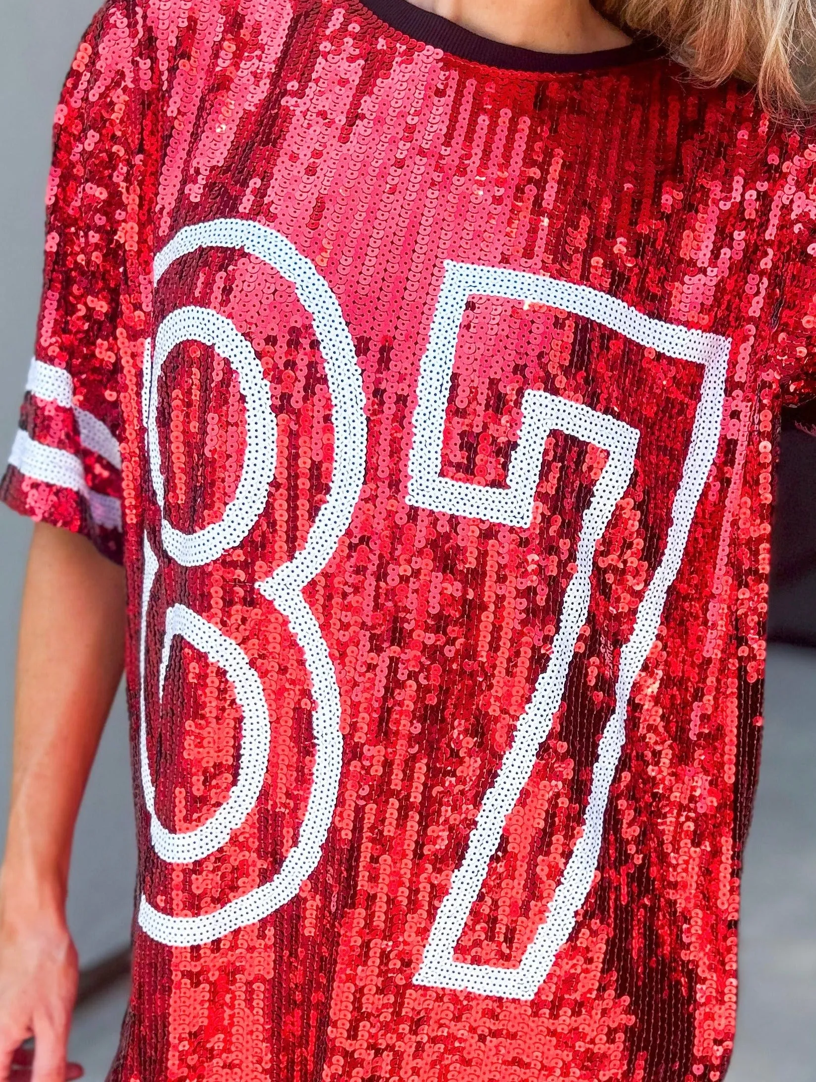 #87 Red Sequin Jersey TShirt Dress (Red/Black)