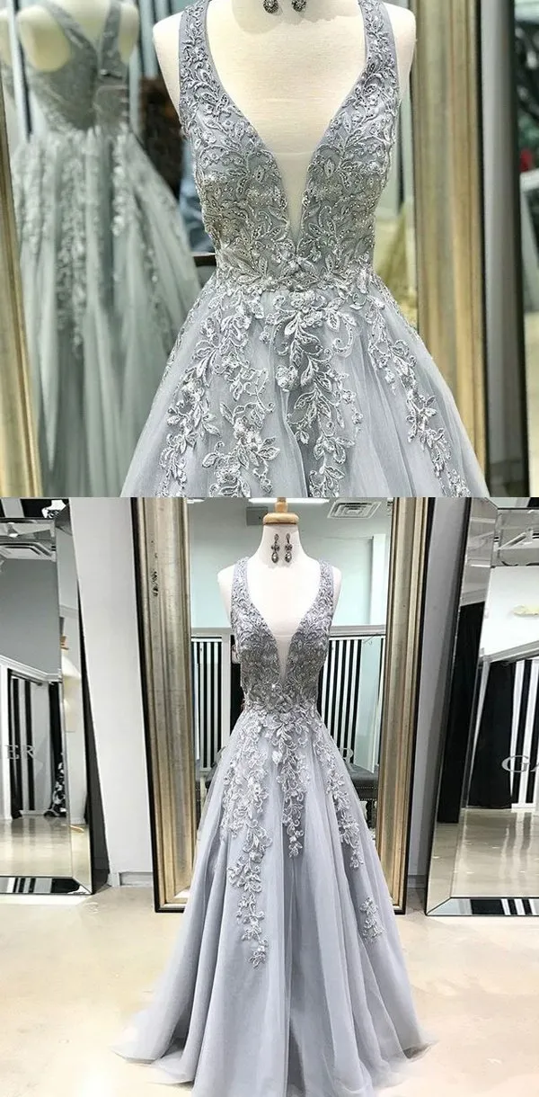 A-line Modest Popular Elegant Formal Deep V Neck Long Prom Dresses with Appliques, PD1302