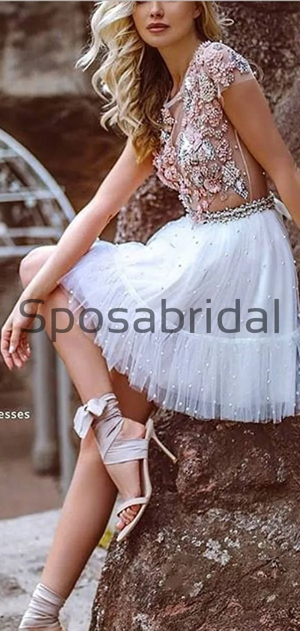 A-line Short Sleevs Beaded Modest Homecoming Dresses BD0435