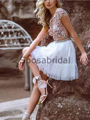 A-line Short Sleevs Beaded Modest Homecoming Dresses BD0435