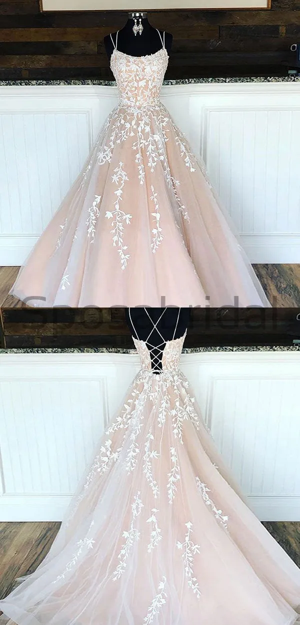 A-line Spaghetti Straps High Quality Lace and Tulle Popular Prom Dresses, PD1611