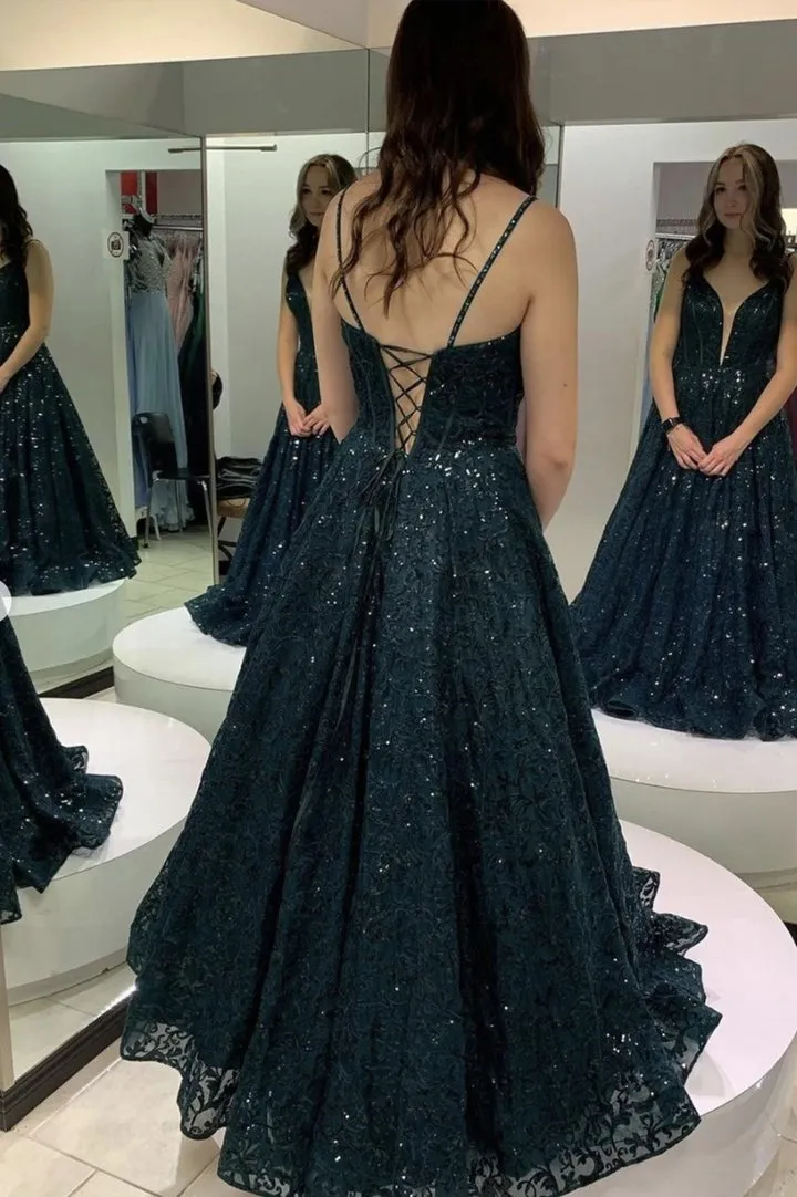 A-Line Tulle Lace Long Prom Dress With Sequins, Evening Dress YZ211075