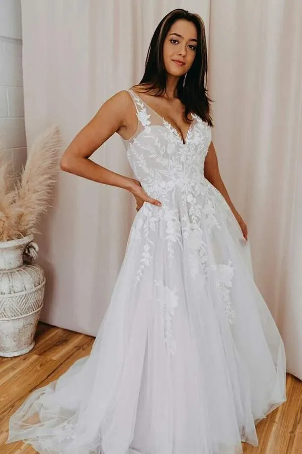 A-Line V Neck Tulle Lace Appliques White Wedding Dress Bridal Gown TN258
