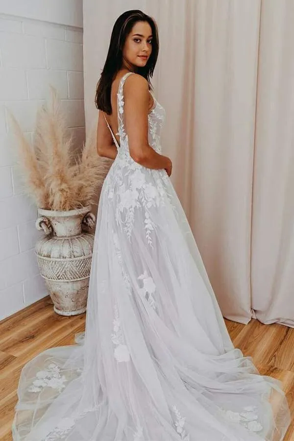A-Line V Neck Tulle Lace Appliques White Wedding Dress Bridal Gown TN258