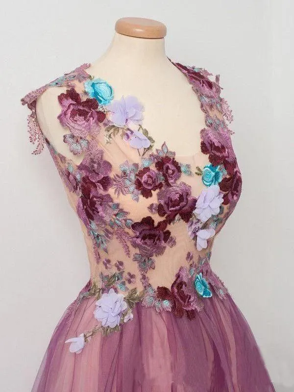 A-Line V Neck Tulle Long  Prom Dress With Appliques YZ211022