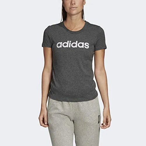adidas Women's Essentials Linear Slim Tee Dark Gray Heather/Purple Tint X-Small