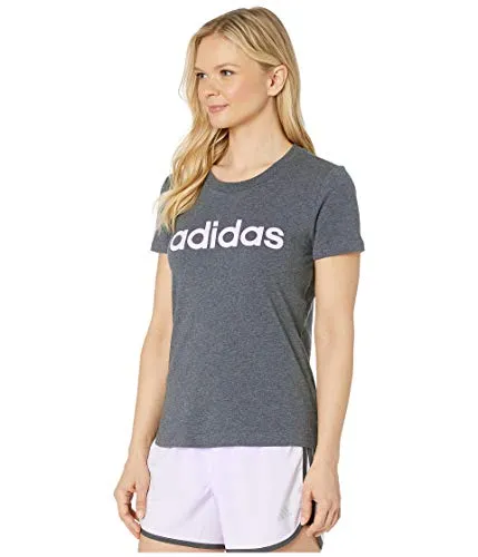 adidas Women's Essentials Linear Slim Tee Dark Gray Heather/Purple Tint X-Small