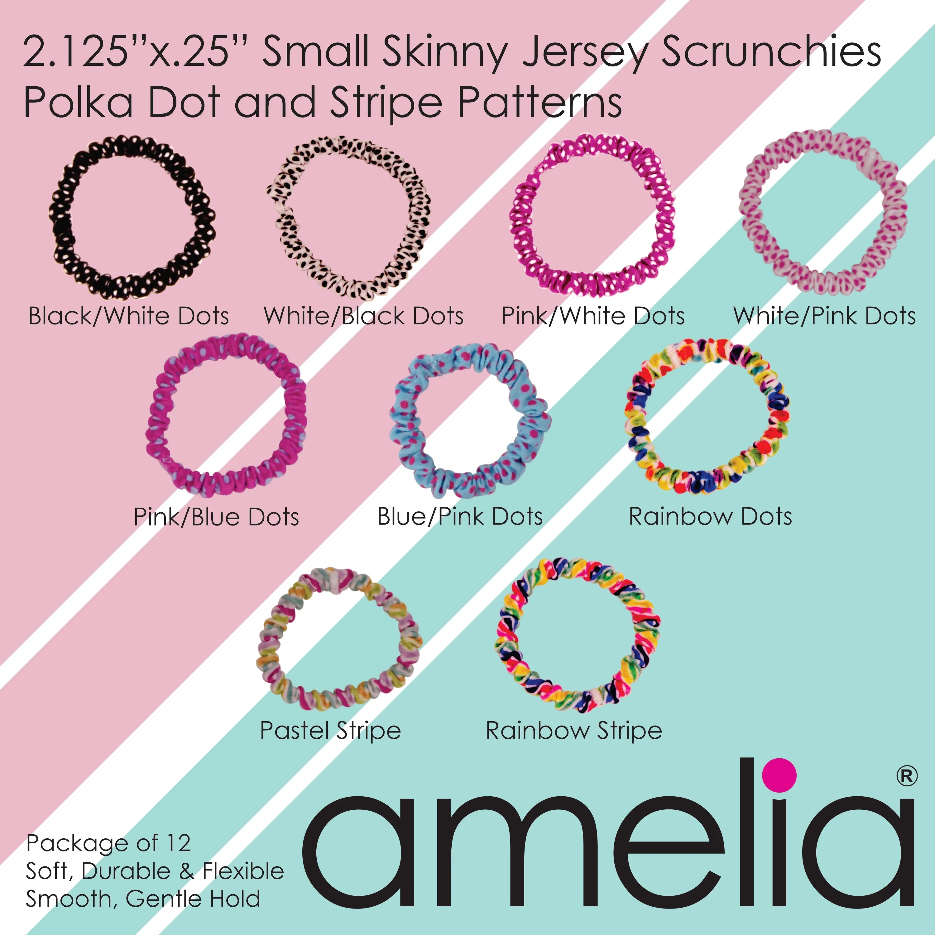 Amelia Beauty, White Skinny Jersey Scrunchies, 2.125in Diameter, Gentle on Hair, Strong Hold, No Snag, No Dents or Creases. 12 Pack