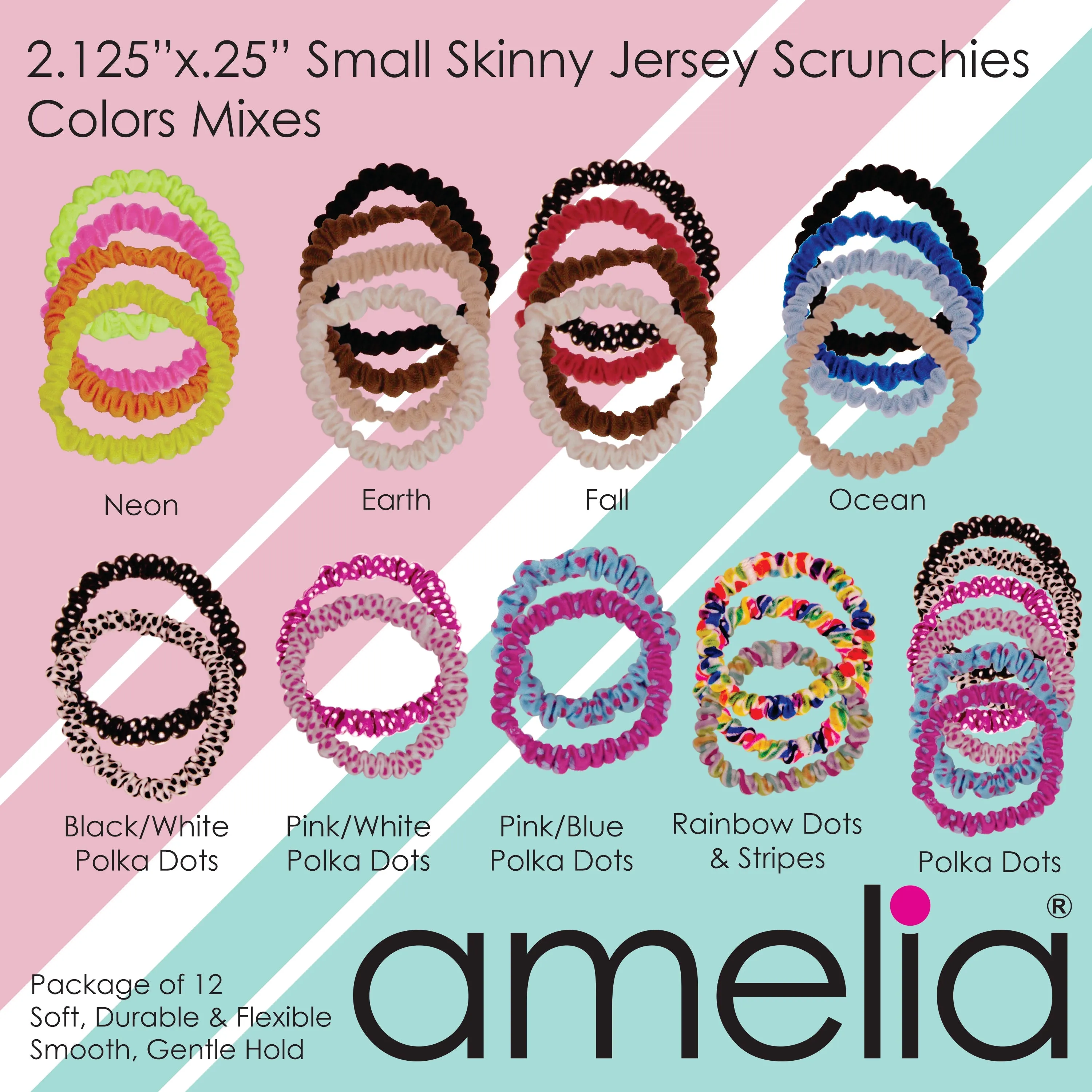 Amelia Beauty, White Skinny Jersey Scrunchies, 2.125in Diameter, Gentle on Hair, Strong Hold, No Snag, No Dents or Creases. 12 Pack