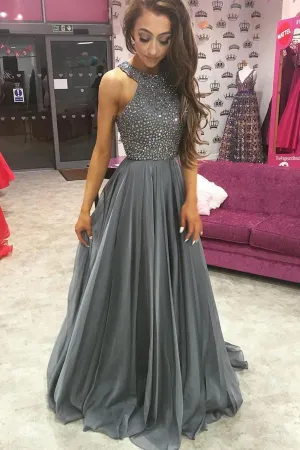 Anneprom Grey Chiffon A-Line Rhinestone Beaded Top Dark Long Prom Dresses APP0257