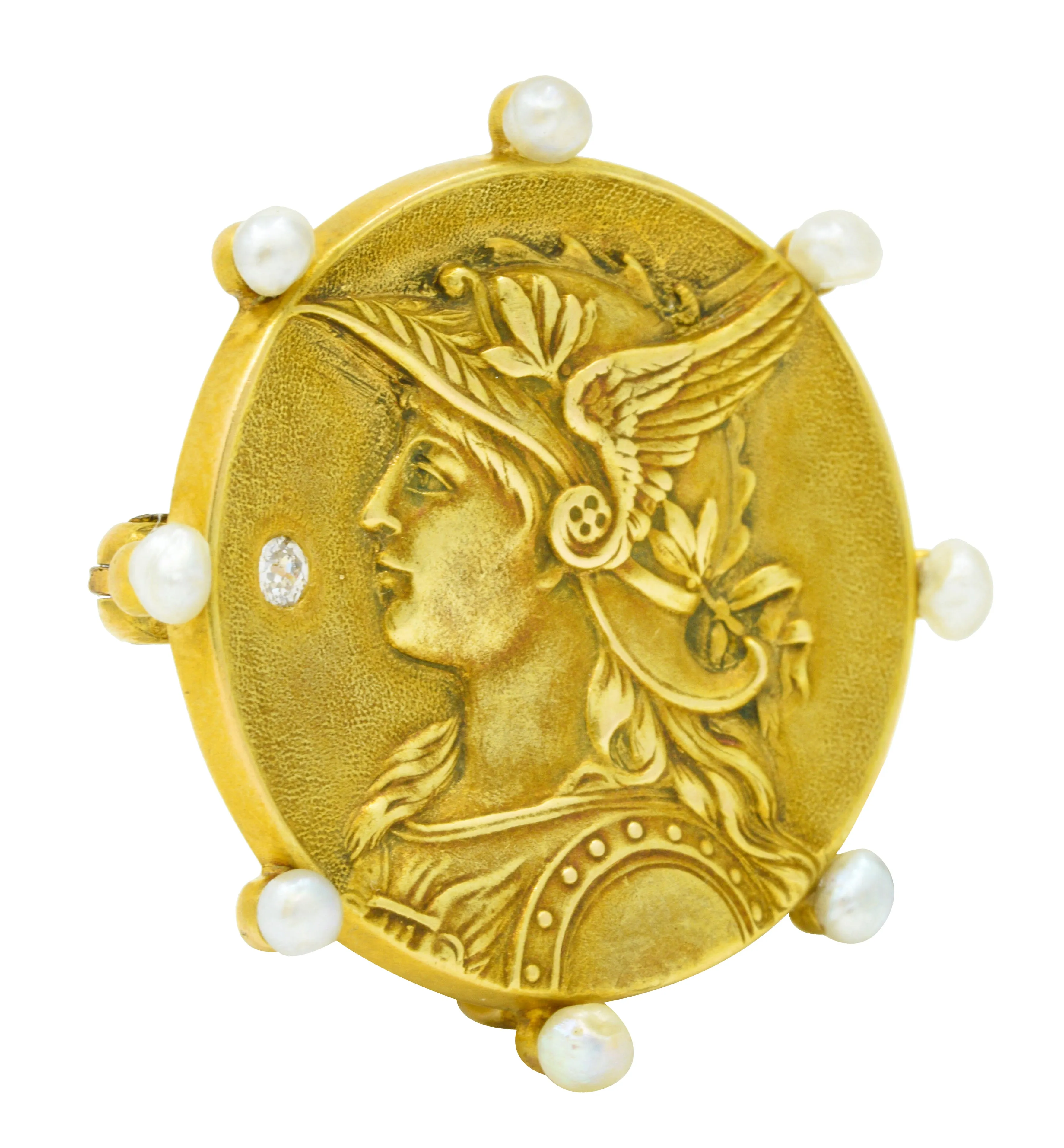 Art Nouveau Diamond Pearl 14 Karat Gold Athena Brooch