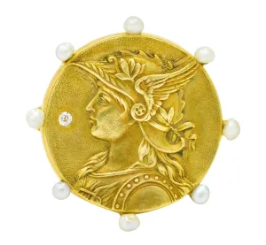 Art Nouveau Diamond Pearl 14 Karat Gold Athena Brooch