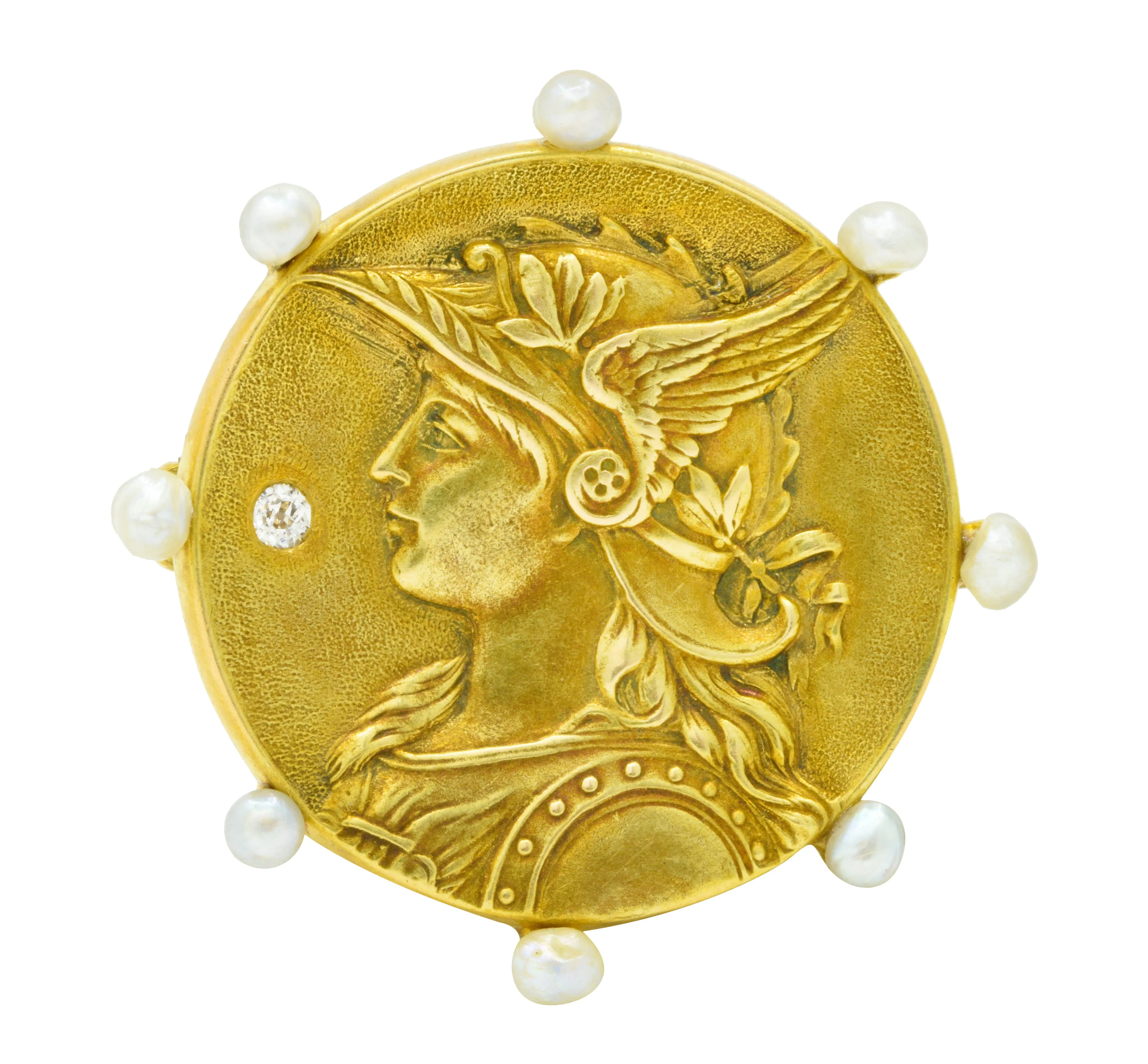 Art Nouveau Diamond Pearl 14 Karat Gold Athena Brooch