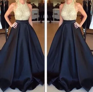 Backless Black Satin Evening Gowns Sexy Formal Gowns Gold Beaded Top Black Bottom Prom Dress