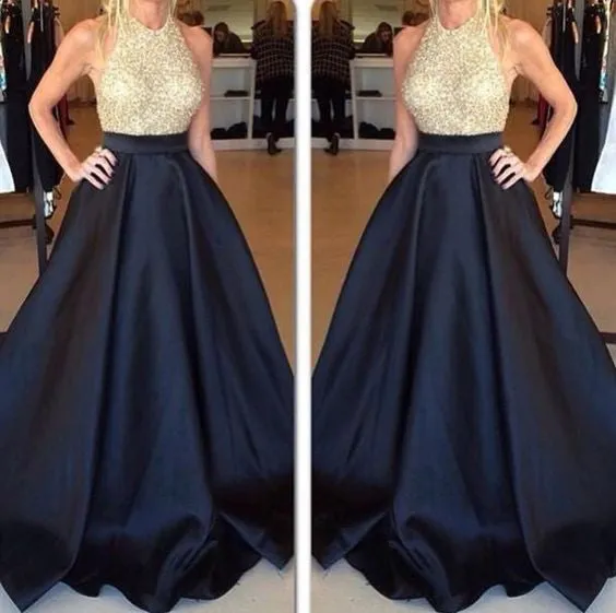Backless Black Satin Evening Gowns Sexy Formal Gowns Gold Beaded Top Black Bottom Prom Dress