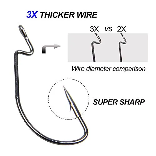 Bass Fishing Worm Hooks Set, 120pcs 3X Offset Fishing Hooks Bass High Carbon Steel Worm Bait Hooks Jig Fish Hooks for Bass Trout Saltwater Freshwater Fishing Tackle Accessories