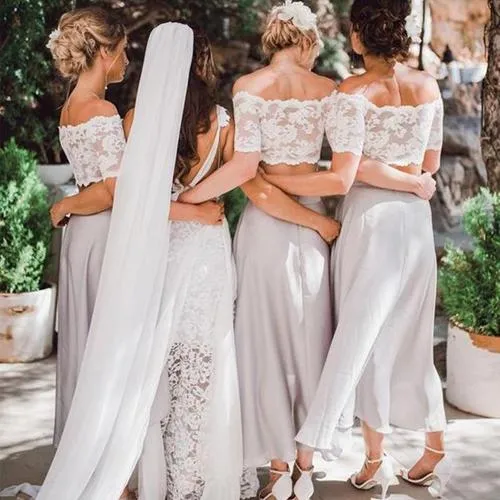 Beautiful Chiffon Lace Top Two pieces Short Sleeve Beach Wedding Bridesmaid Dress, MB200