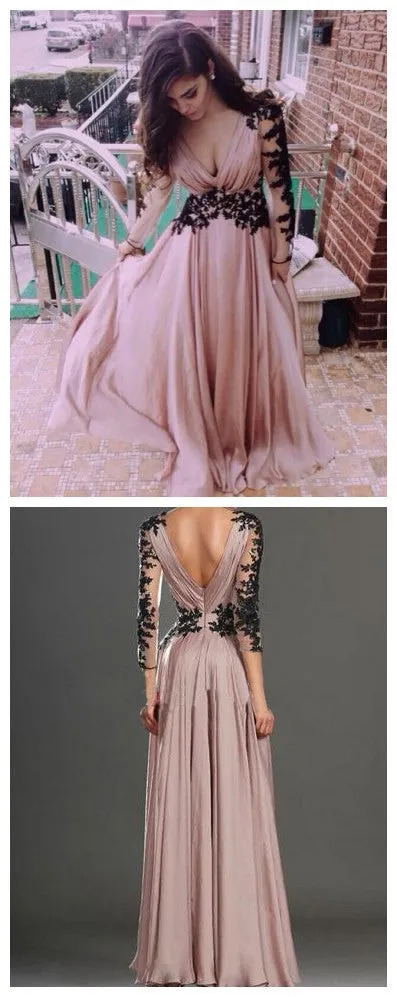 Black Applique Popular Dusty Pink V-neck Long Sleeve Cheap Long Prom Dresses, BG51019