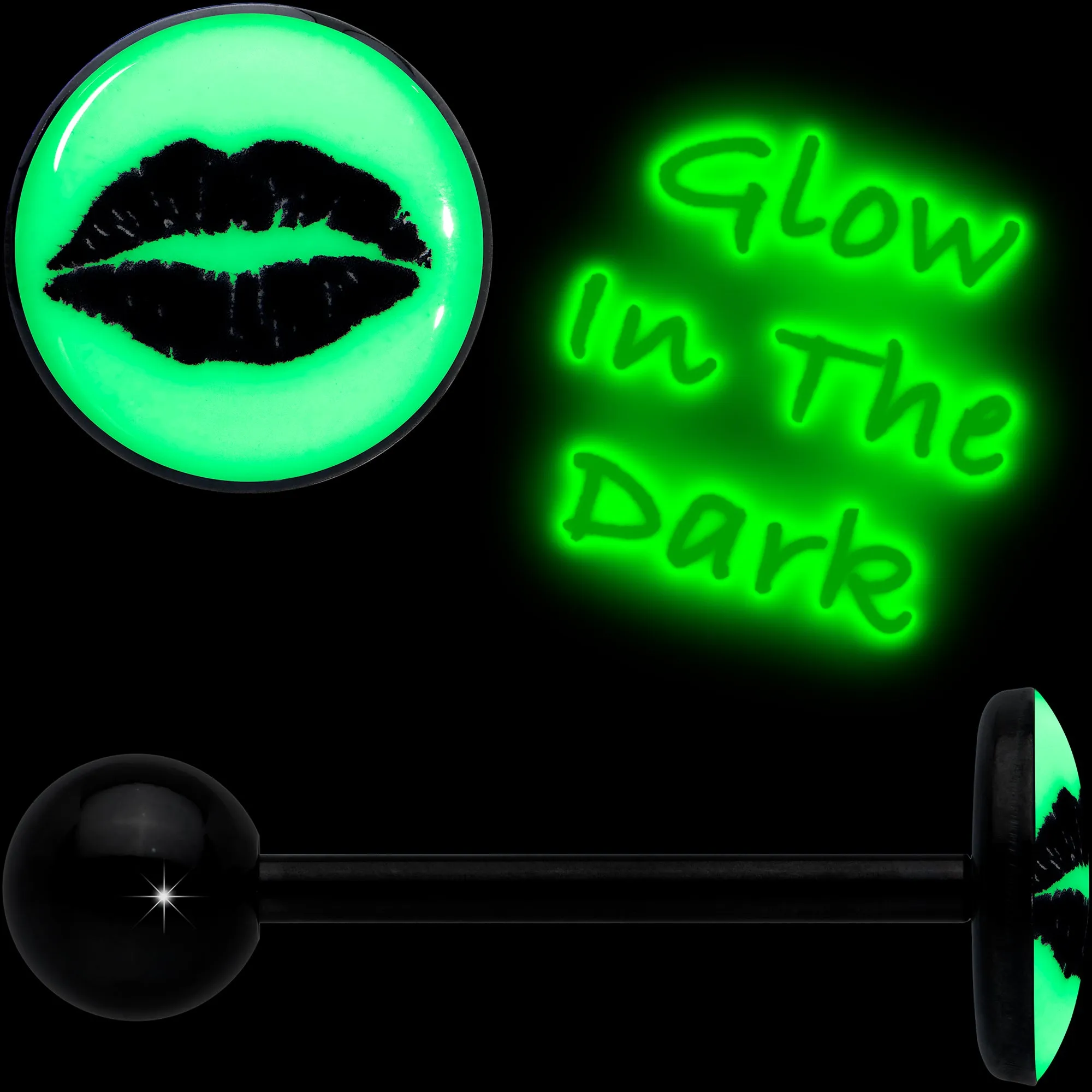 Black Glow in the Dark Lipstick Kiss Mark Barbell Tongue Ring