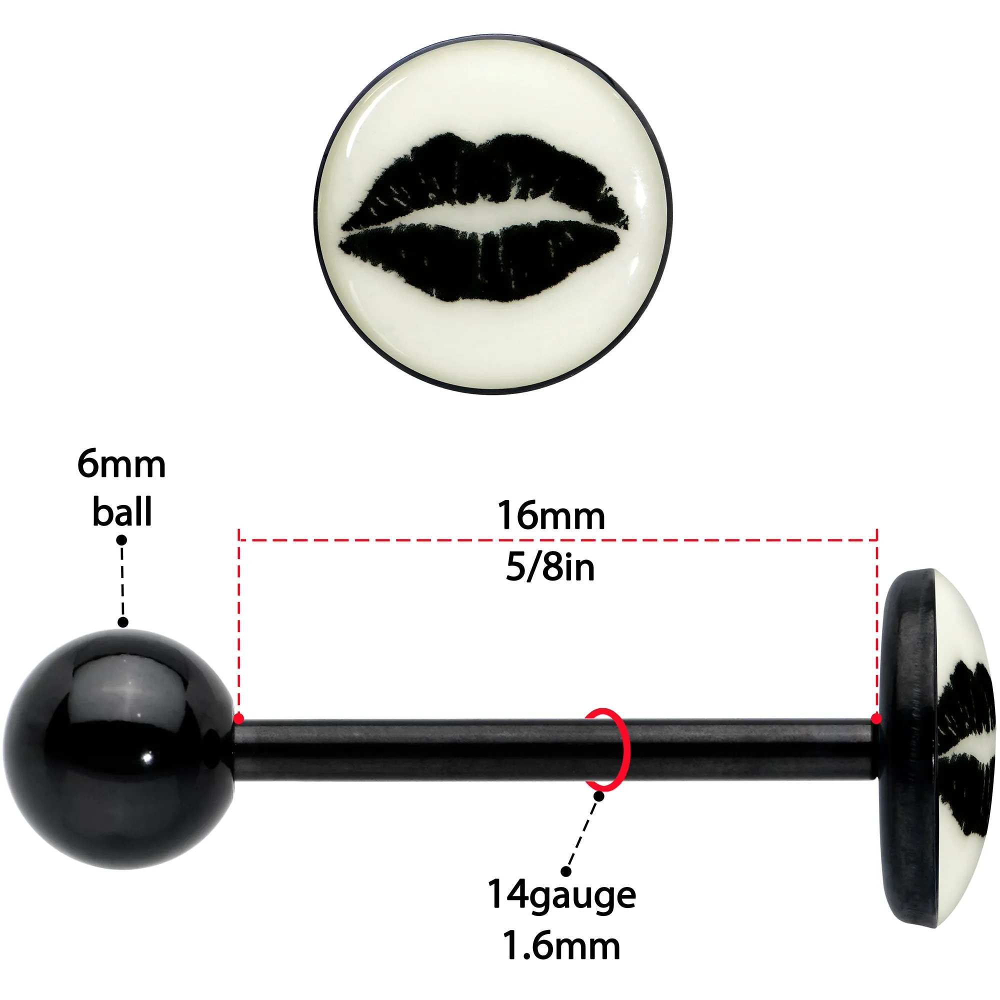 Black Glow in the Dark Lipstick Kiss Mark Barbell Tongue Ring