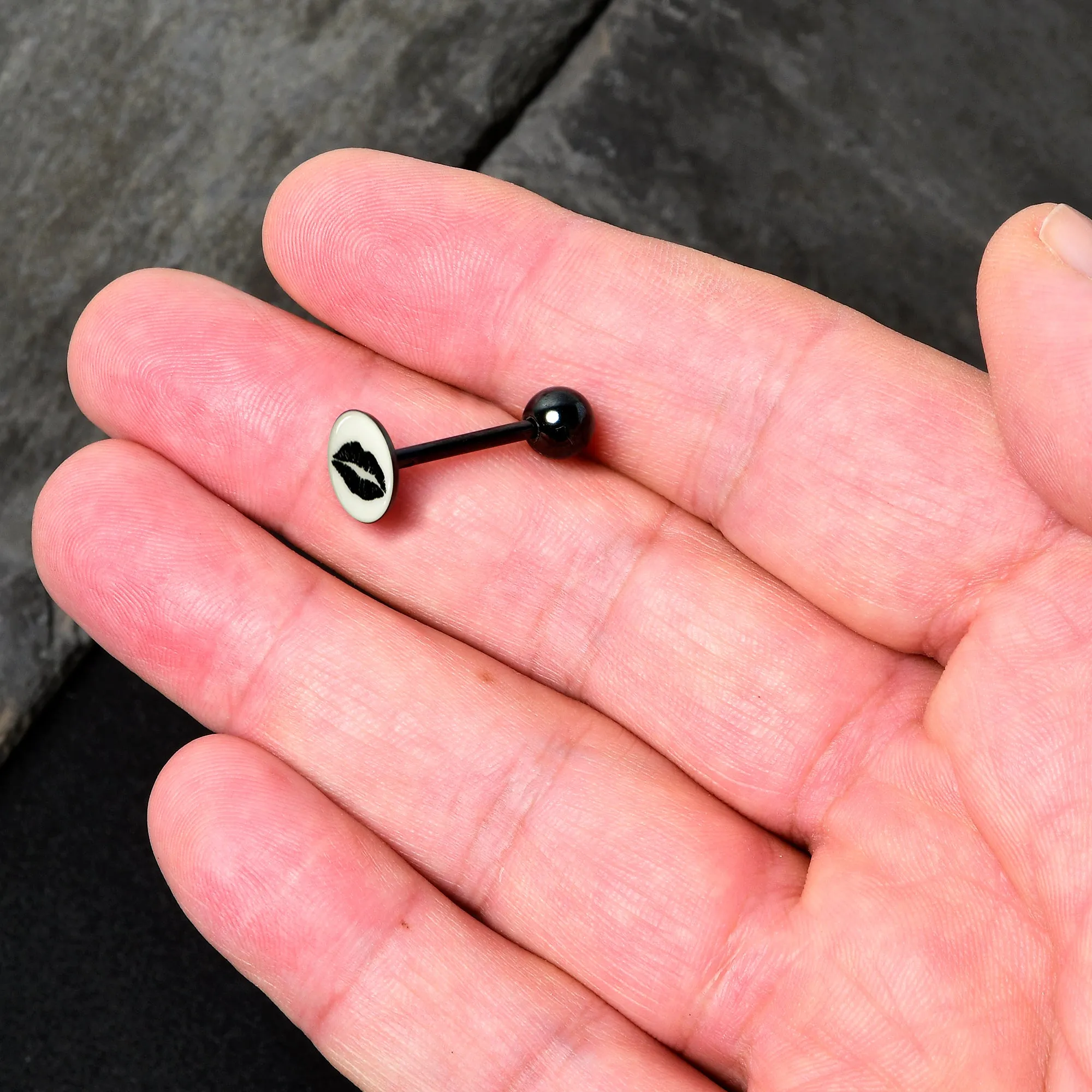 Black Glow in the Dark Lipstick Kiss Mark Barbell Tongue Ring