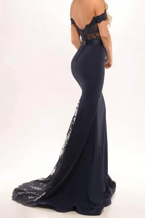 Black Satin Mermaid Off Shoulder Long Prom Dresses, Party Dresses with Lace, MP187