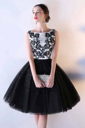 Black Tulle A Line Beaded Short Lovely Homecoming Dress With Lace Top OKC7