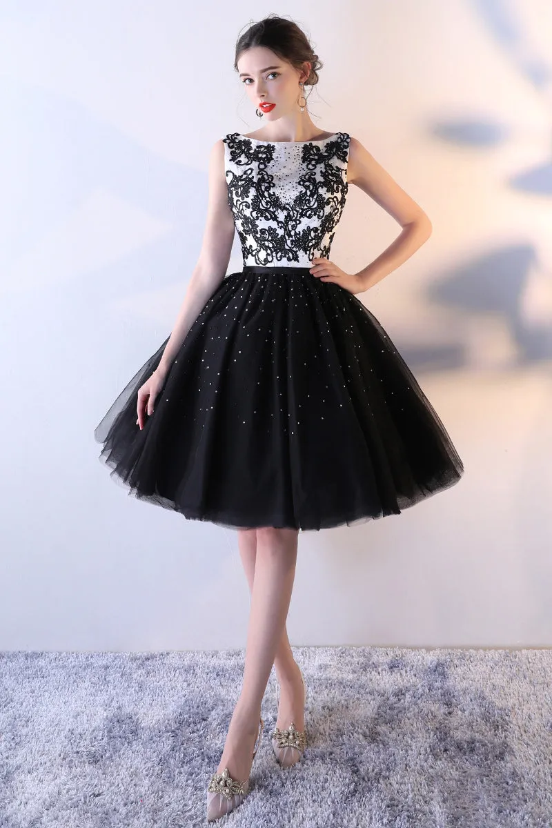 Black Tulle A Line Beaded Short Lovely Homecoming Dress With Lace Top OKC7