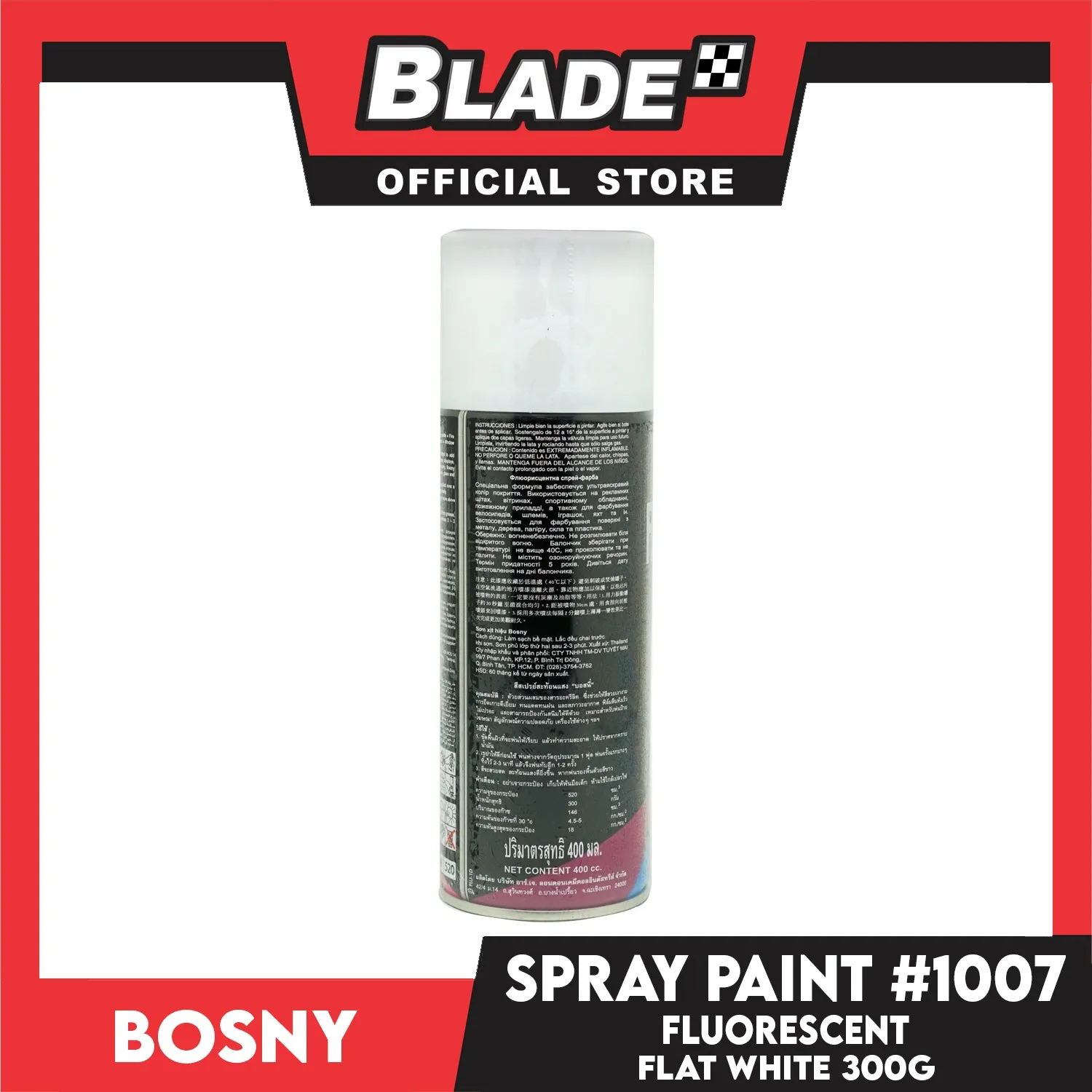Bosny Flourescent Spray Paint Acrylic Lacquer Flat White #1007 300g