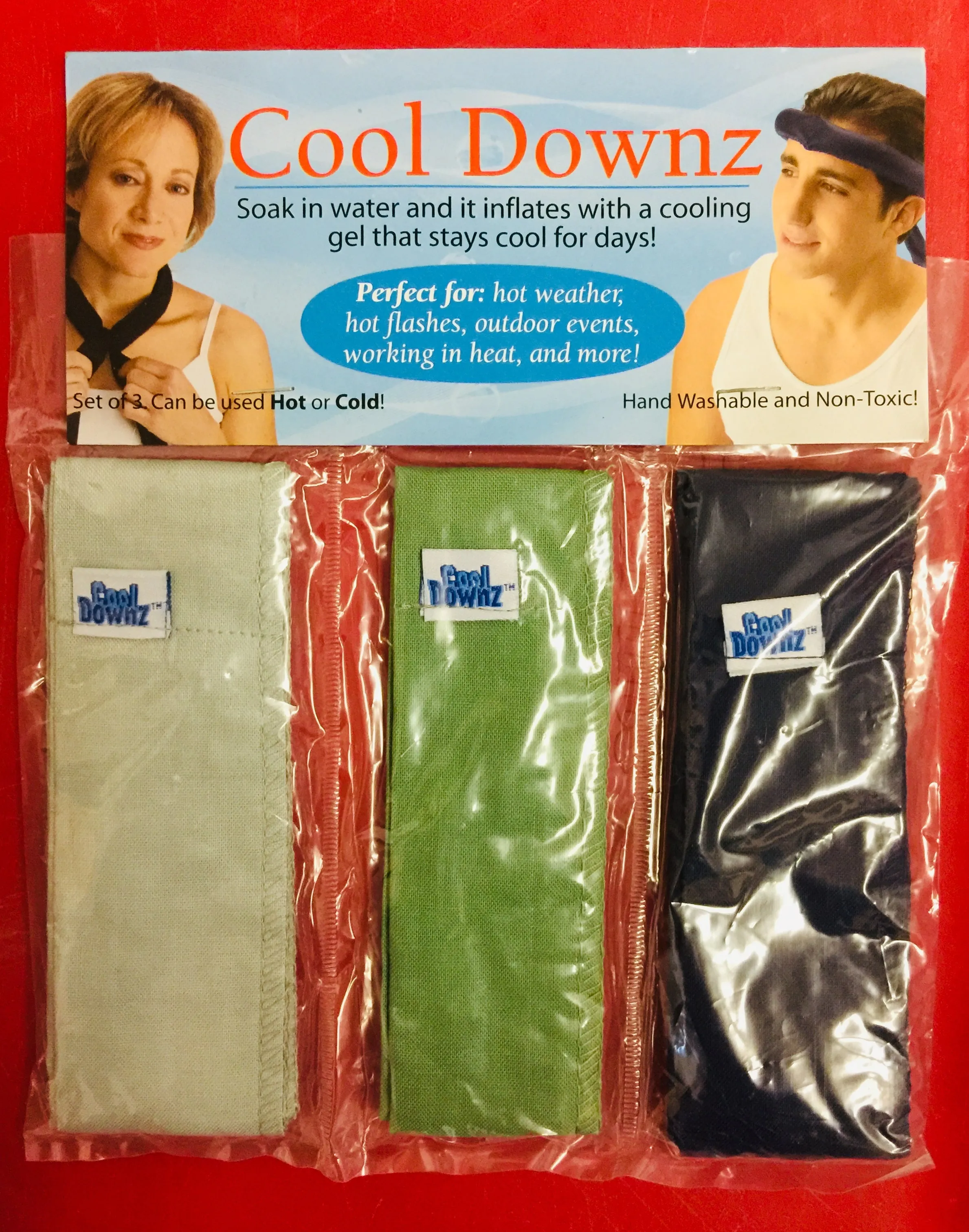 Brand new Pack of 3 Reusable Cool Downz! Keep you cool for hours! Great for Work outs, working in garden etc!
