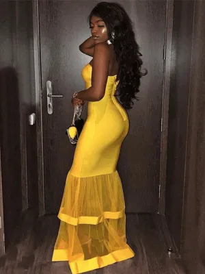 Bright Yellow Strapless Sexy Mermaid Long Ruffle Trumpet Prom Dress, PD3340