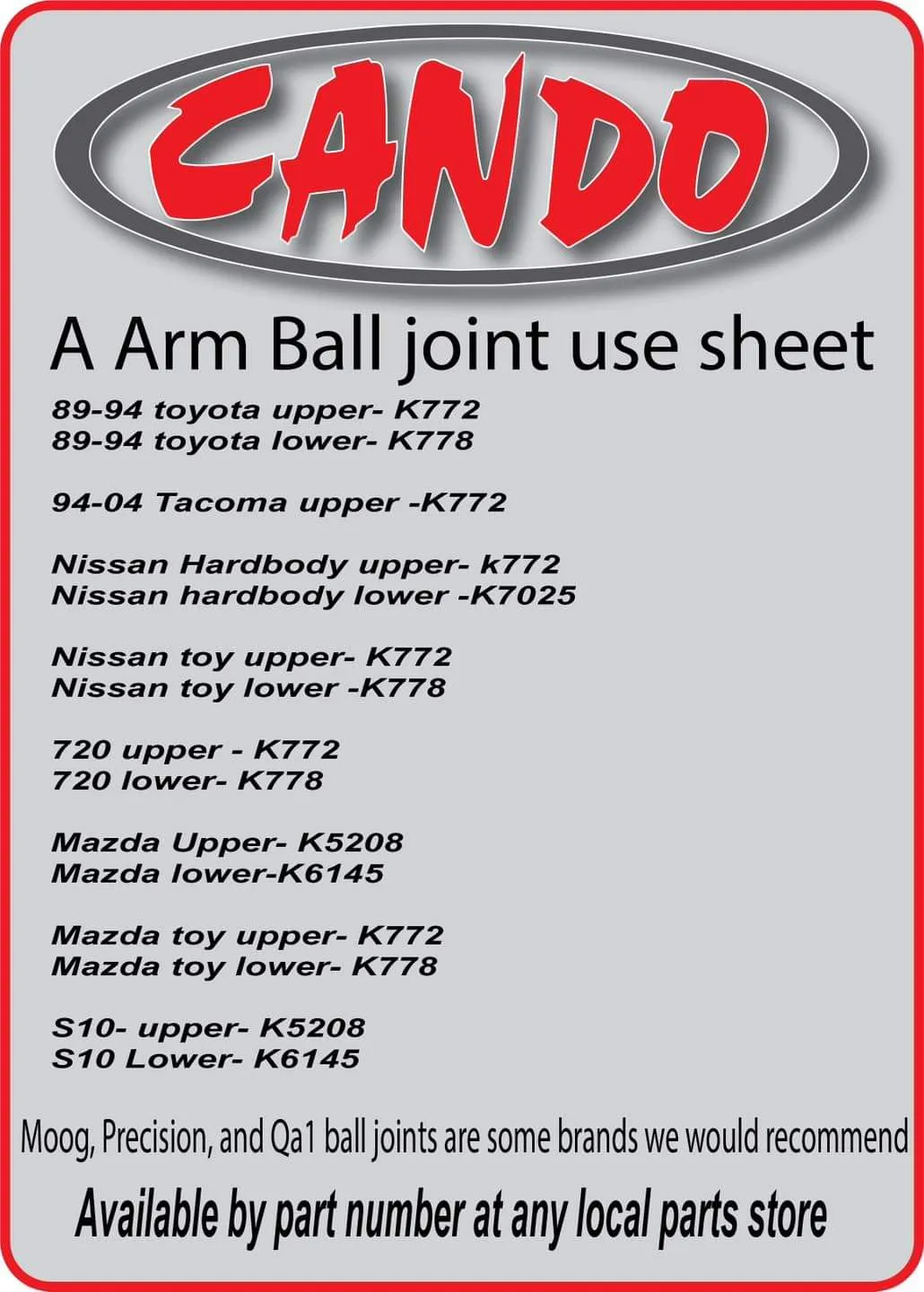 Cando 95-04 Toyota Tacoma pickup control arms