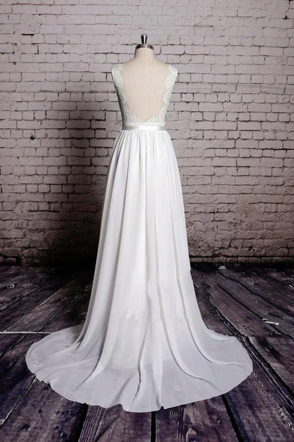 Charming Most Popular Backless A-line Lace Top V-Neck Long Wedding Party Dresses, WD0108