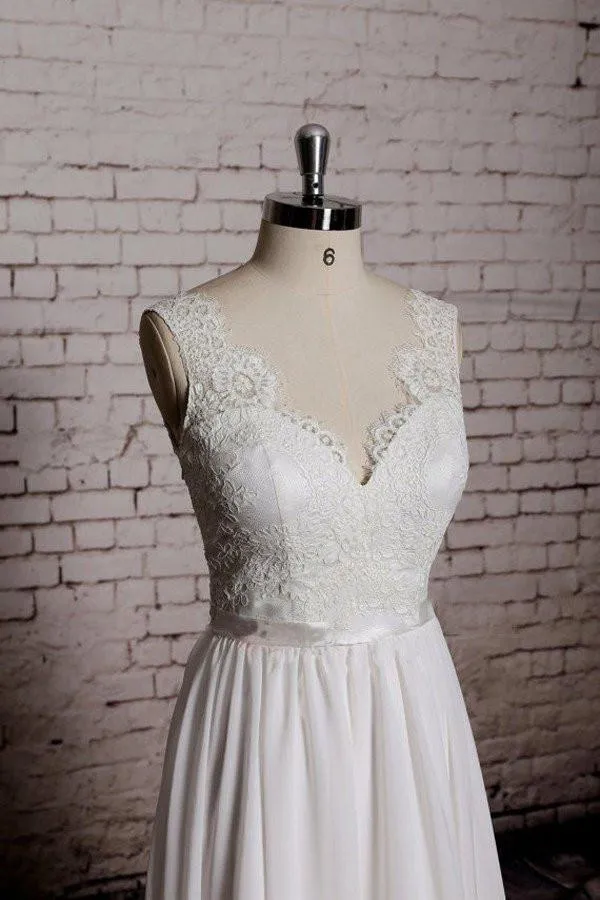 Charming Most Popular Backless A-line Lace Top V-Neck Long Wedding Party Dresses, WD0108