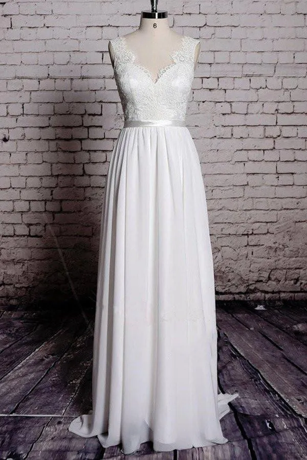 Charming Most Popular Backless A-line Lace Top V-Neck Long Wedding Party Dresses, WD0108