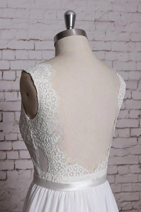 Charming Most Popular Backless A-line Lace Top V-Neck Long Wedding Party Dresses, WD0108