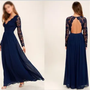 Cheap Chiffon Lace top Long Sleeves Custom Popular Open Back Bridesmaid Dress, WG215