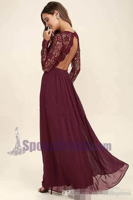 Cheap Chiffon Lace top Long Sleeves Custom Popular Open Back Bridesmaid Dress, WG215