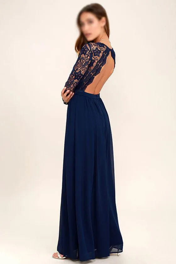 Cheap Chiffon Lace top Long Sleeves Custom Popular Open Back Bridesmaid Dress, WG215