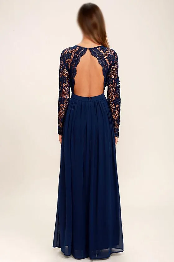 Cheap Chiffon Lace top Long Sleeves Custom Popular Open Back Bridesmaid Dress, WG215
