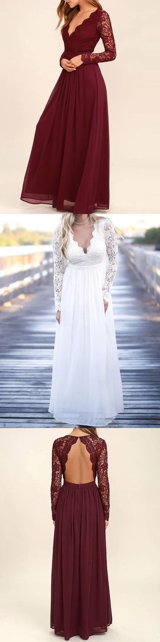 Cheap Chiffon Lace top Long Sleeves Custom Popular Open Back Bridesmaid Dress, WG215