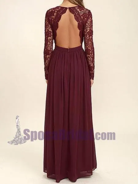 Cheap Chiffon Lace top Long Sleeves Custom Popular Open Back Bridesmaid Dress, WG215