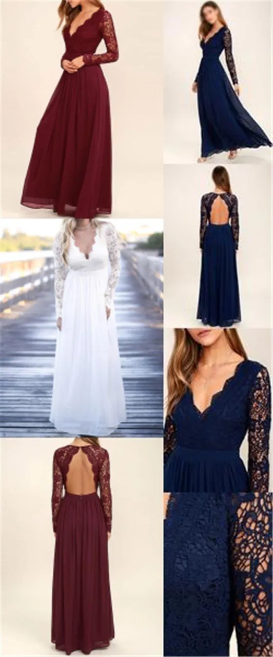 Cheap Chiffon Lace top Long Sleeves Custom Popular Open Back Bridesmaid Dress, WG215